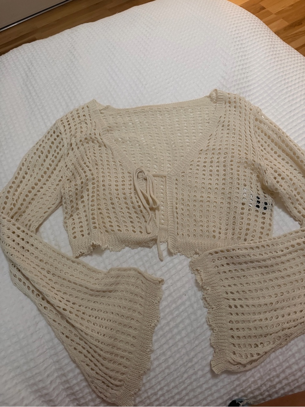 SHEIN Cream Crochet V-Neck Tie-Front Cropped Sweater